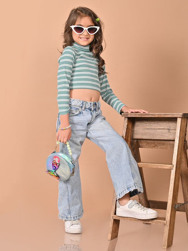 Horizontal Stripes Full Sleeves Slim Fit High Neck Crop Top