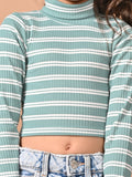 Horizontal Stripes Full Sleeves Slim Fit High Neck Crop Top