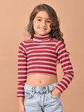 Horizontal Stripes Full Sleeves Slim Fit High Neck Crop Top