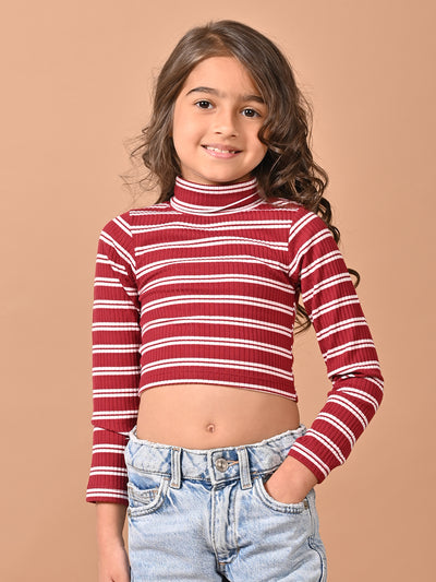 Horizontal Stripes Full Sleeves Slim Fit High Neck Crop Top