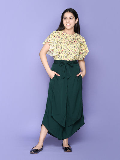 Floral Flutter Sleeve Yellow Top with Teal Stylish Long Skirt Palazzo Set