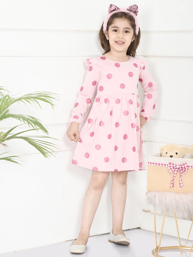 LilPicks Polka Print Pink Full Sleeves Dress
