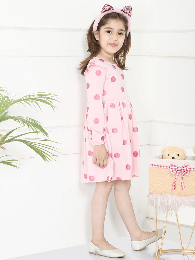 LilPicks Polka Print Pink Full Sleeves Dress