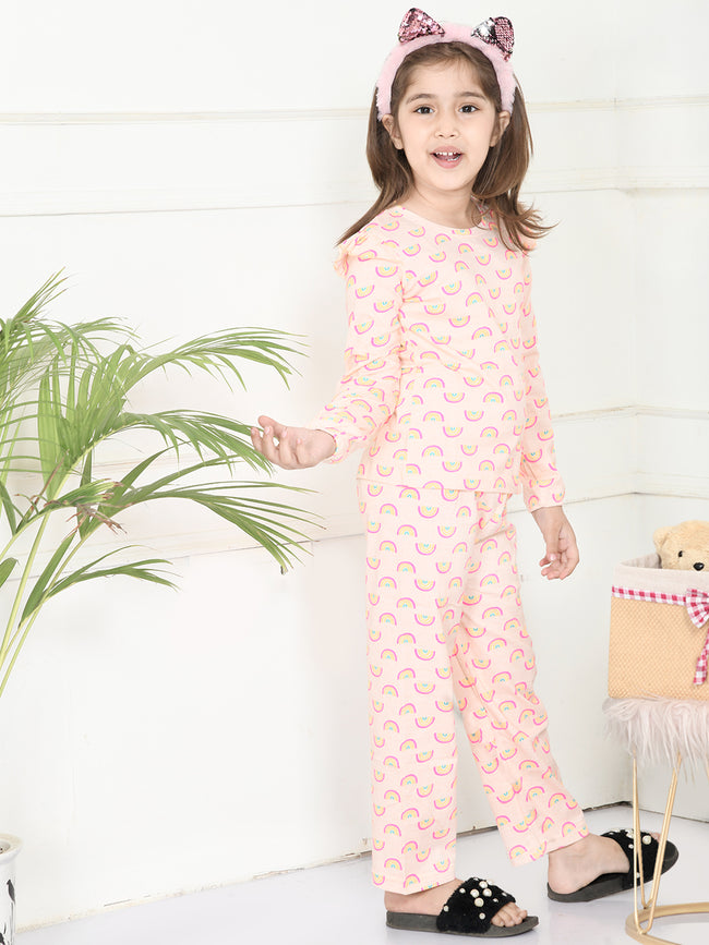 LilPicks Baby Peach Rainbow Print Overall Nightsuit