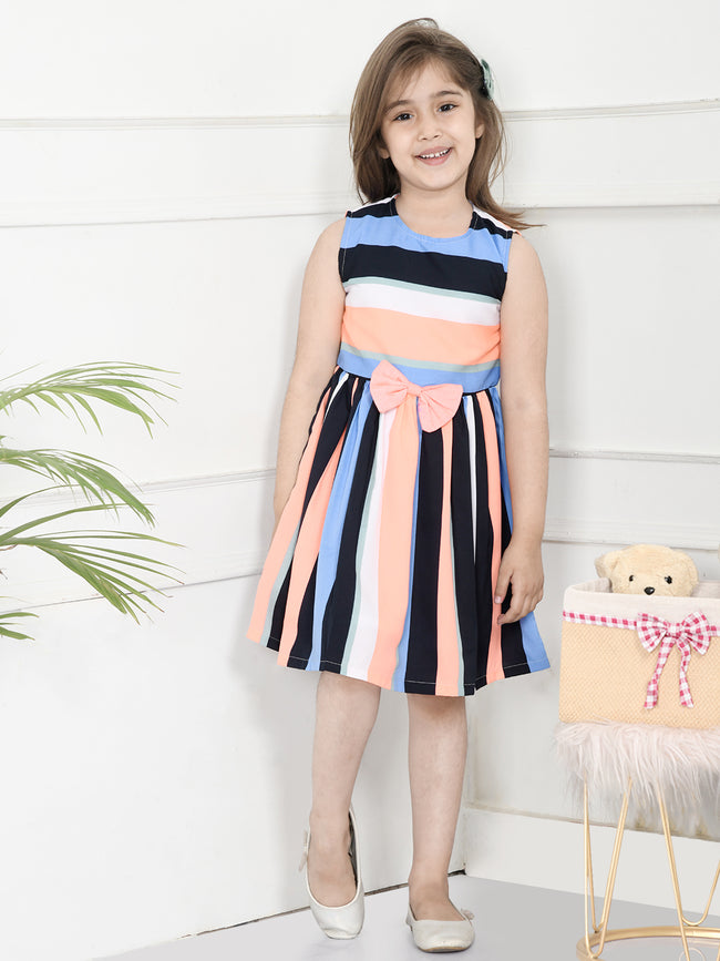 Orange & Blue Striped Dress for Girls with a Bow