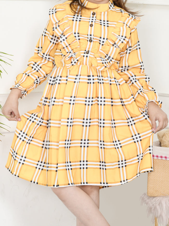 Yellow Check Print Ruffled Dress