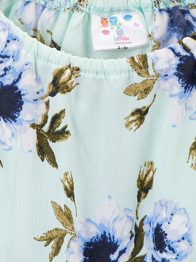 Sky Blue Floral Print Bell Sleeves Jumpsuit