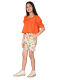 Solid Puff Sleeve Top with Printed Shorts Set
