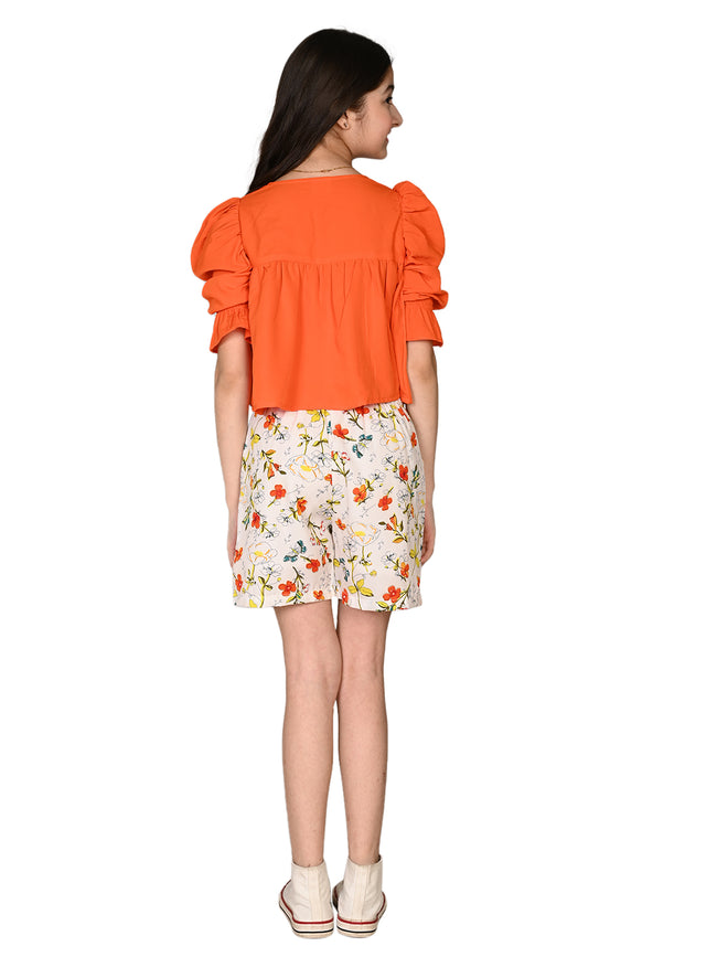 Solid Puff Sleeve Top with Printed Shorts Set