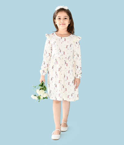LilPicks Unicorn Print Off white Full Sleeves Dress