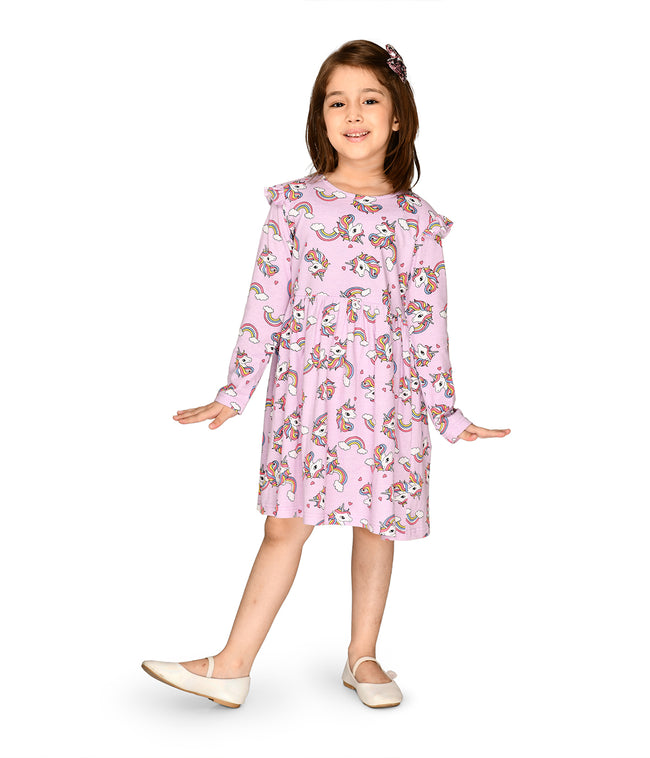 LilPicks Unicorn Print Lilac Full Sleeves Dress