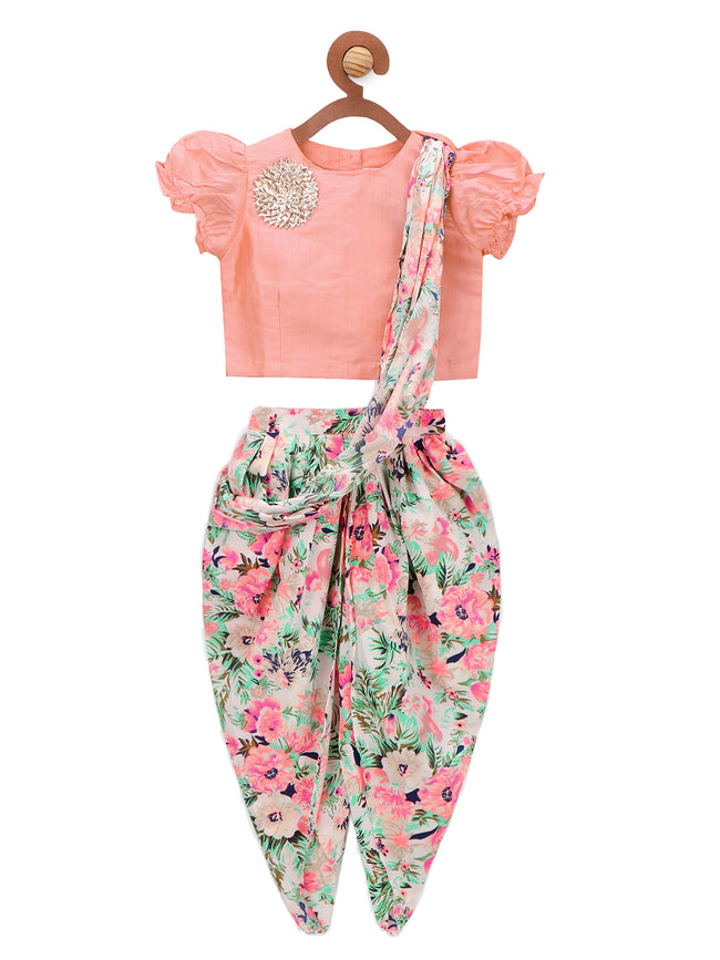 Peach Choli with Multicolour Dhoti Saree Set
