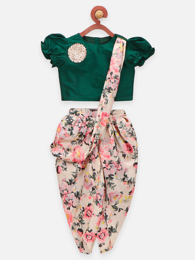 Green & White Dhoti Saree with Choli for Kids