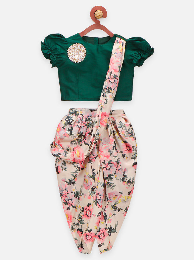 Green & White Dhoti Saree with Choli for Kids