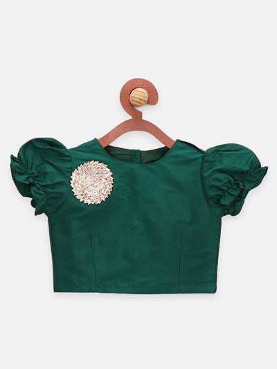 Green & White Dhoti Saree with Choli for Kids