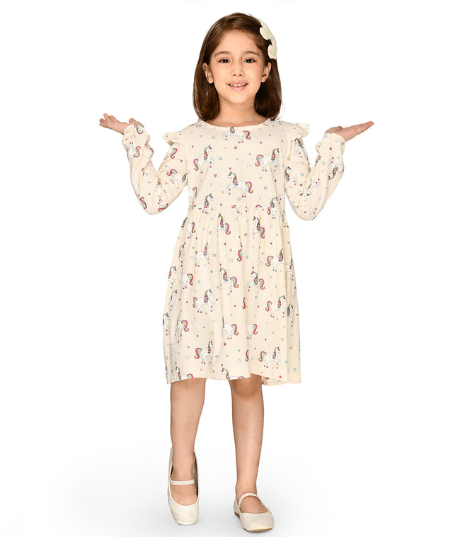 LilPicks Unicorn Print Off white Full Sleeves Dress