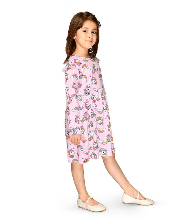 LilPicks Unicorn Print Lilac Full Sleeves Dress