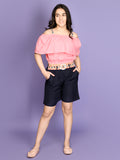 Pink Blue Off-Shoulder Crop with Belted Shorts Set