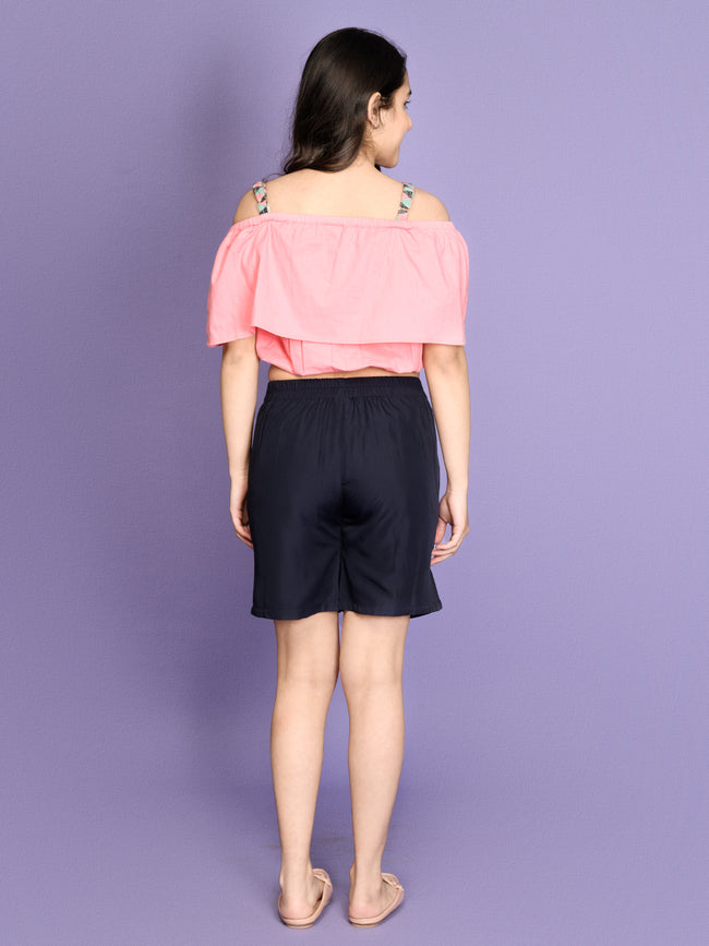 Pink Blue Off-Shoulder Crop with Belted Shorts Set