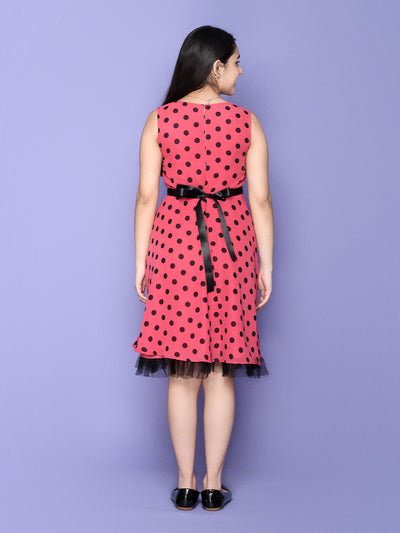 Pink Polka Sleeveless Fit n Flared Dress