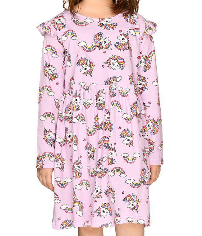 LilPicks Unicorn Print Lilac Full Sleeves Dress