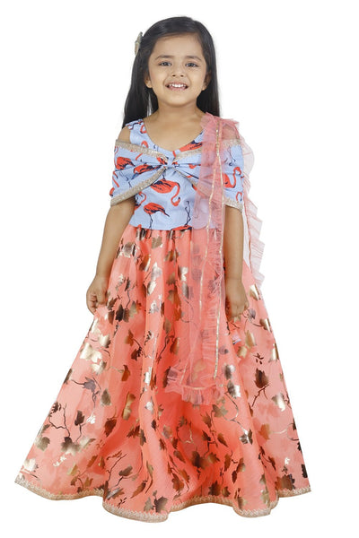 LilPicks Flammigo Bow choli with Safforn Lehnga Set