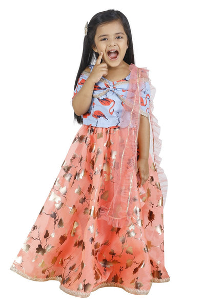 LilPicks Flammigo Bow choli with Safforn Lehnga Set