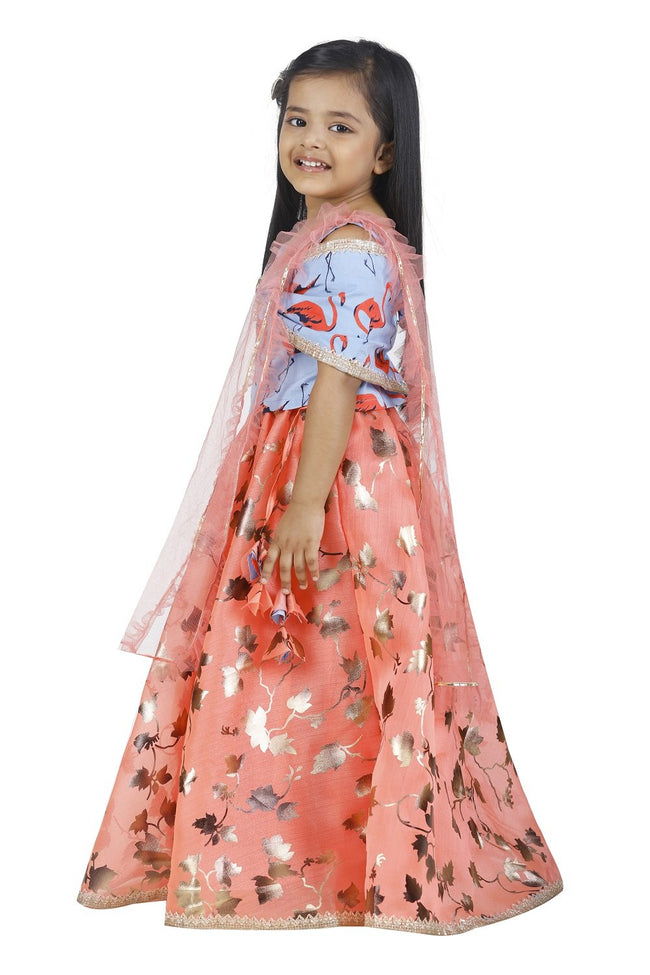 LilPicks Flammigo Bow choli with Safforn Lehnga Set