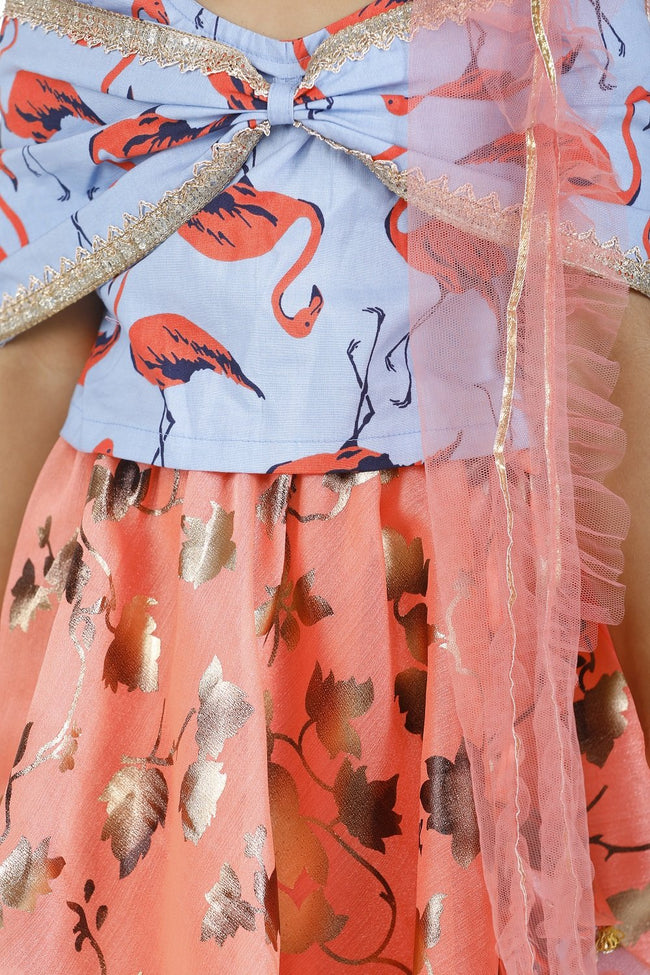 LilPicks Flammigo Bow choli with Safforn Lehnga Set