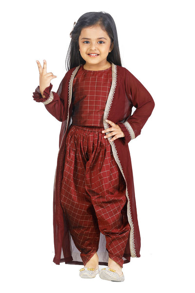 Check Brown  Top Dhoti  With Jacket  set