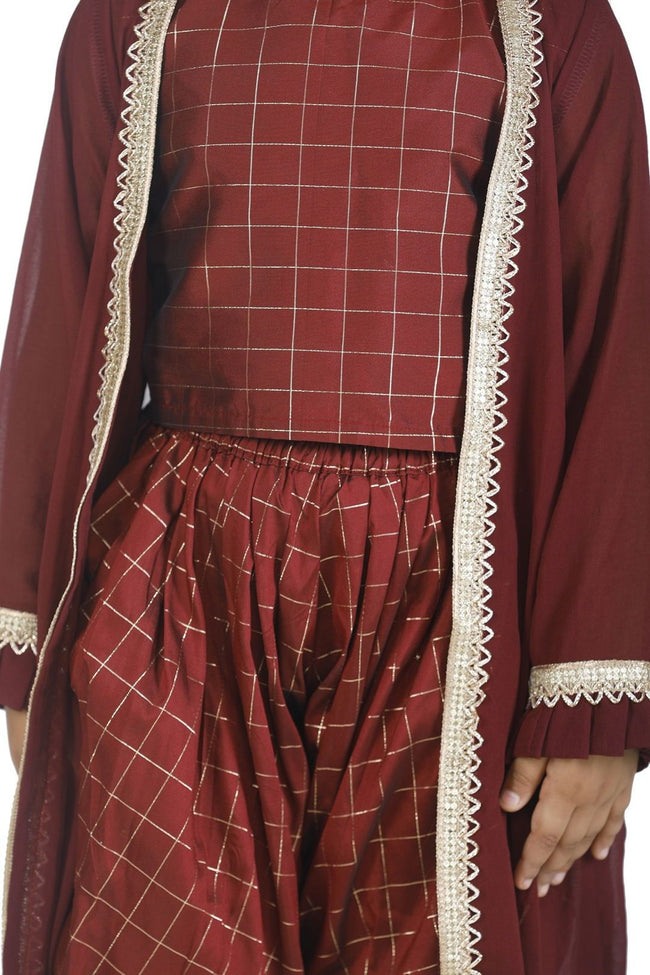 Lilpicks Check Brown  Top Dhoti  With Jacket  set