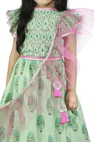 Lilpicks Frilly Cute Green Pink Lehenga Set