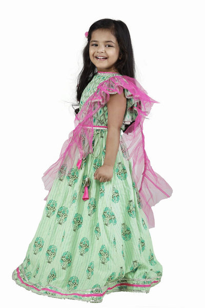 Lilpicks Frilly Cute Green Pink Lehenga Set