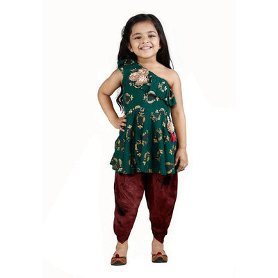 Lilpicks Green Peplum Suit with Dhoti Set