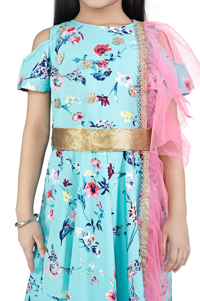 Lilpicks Sea Green Designer Belt Gown