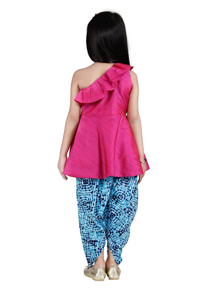 Lilpicks Dark Pink Peplum Suit with Blue tie n Dye Dhoti Set