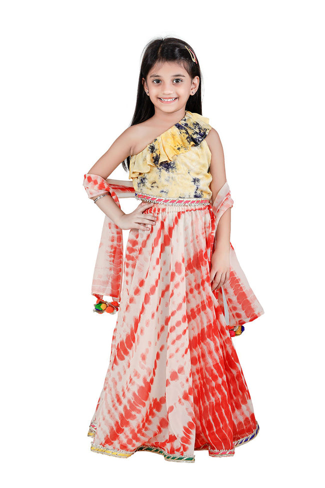 Yellow Red Tie n Dye pom pom Lehenga Set