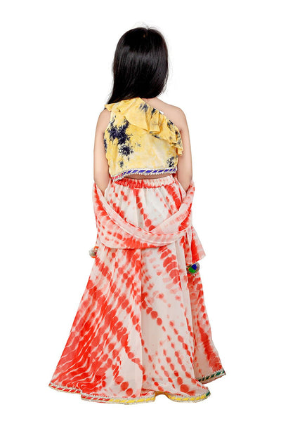 Lilpicks Yellow Red Tie n Dye pom pom Lehenga Set