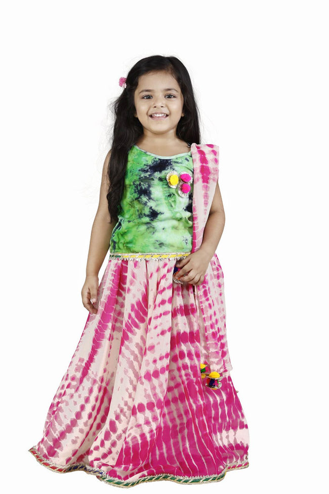 Lilpicks Green Pink Tie n Dye pom pom Lehenga Set
