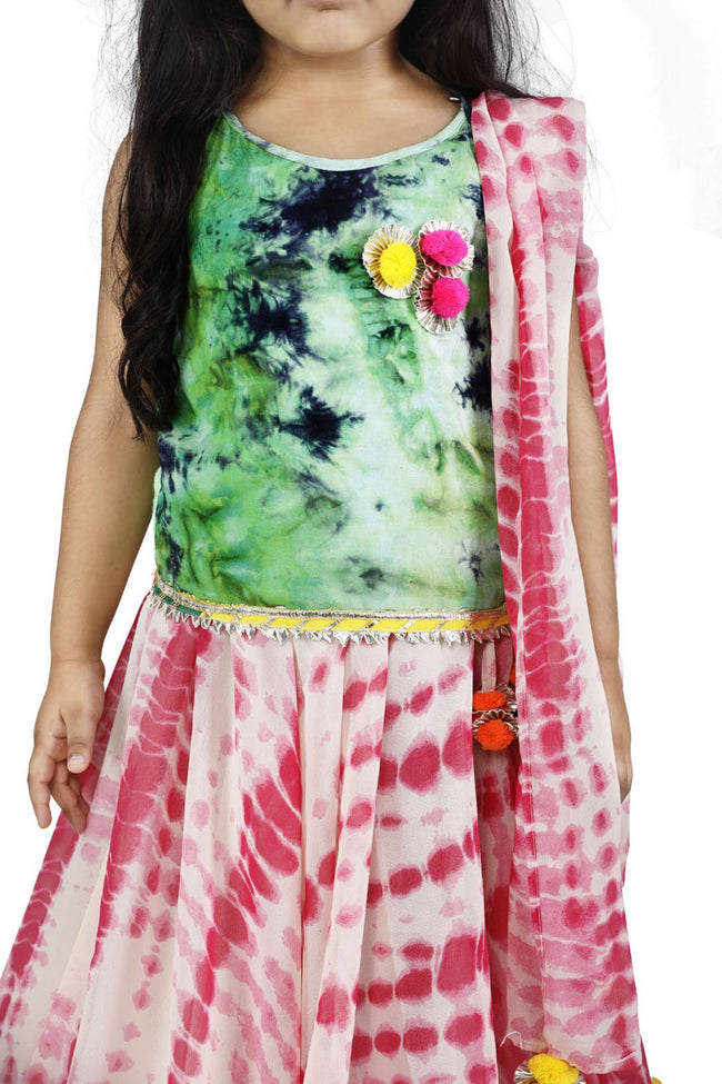 Green Pink Tie n Dye pom pom Lehenga Set