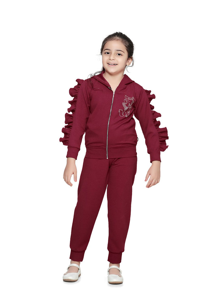 Wine Colour Ruffled sleeves crystal work Clothing Set