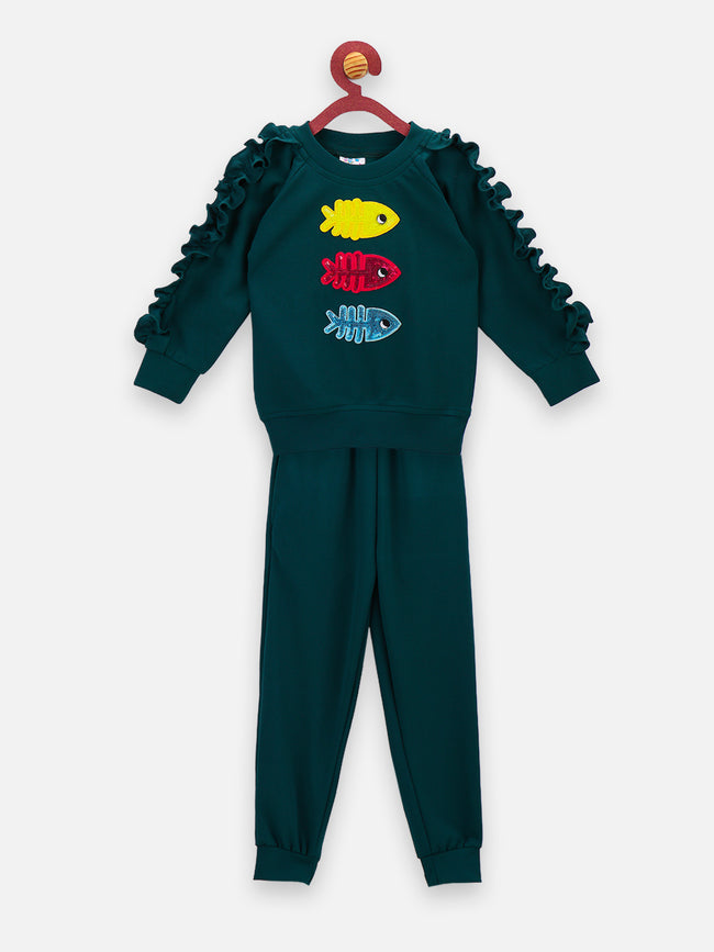 Teal Colour Ruffled sleeves Fish Patch Clothing Set
