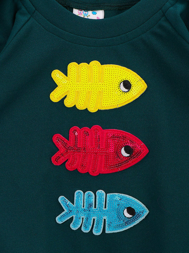 Teal Colour Ruffled sleeves Fish Patch Clothing Set