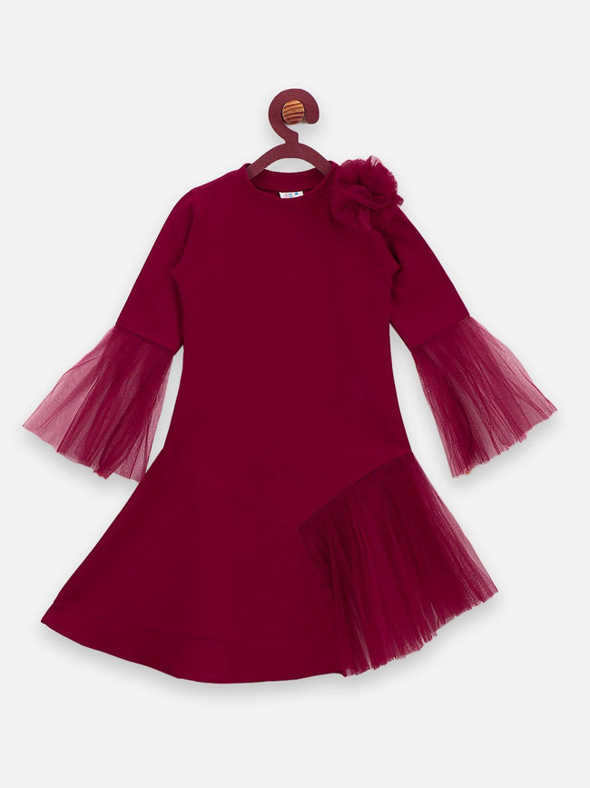 Wine Mesh Detailing Designer Dress