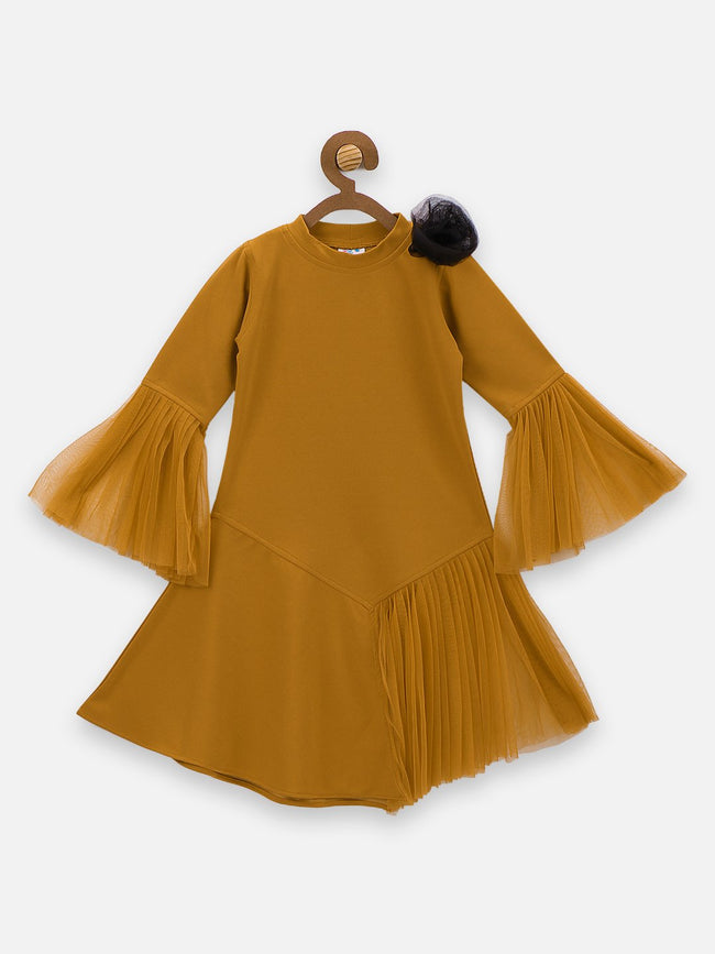 Mustard Mesh Detailing Designer Dress