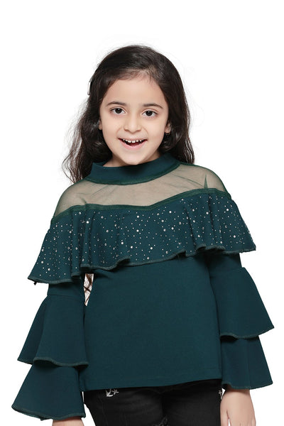 Teal crystal Work layered bell sleeves Top