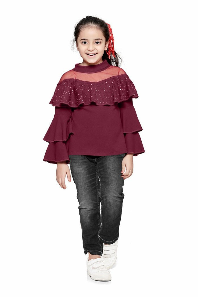 Wine crystal Work layered bell sleeves Top