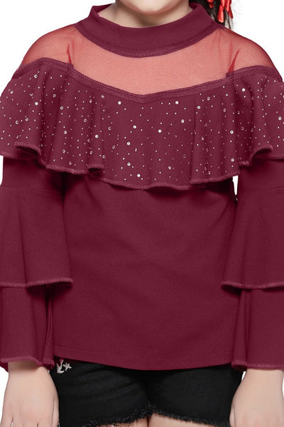 Wine crystal Work layered bell sleeves Top
