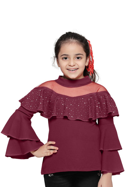 Wine crystal Work layered bell sleeves Top