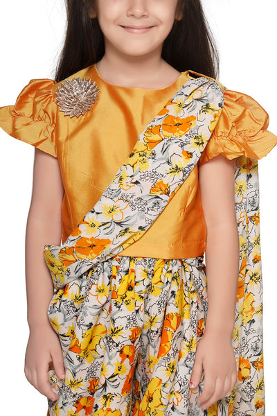 Lilpicks Fire Yellow Choli with Multi Colour Dhoti Saree Set